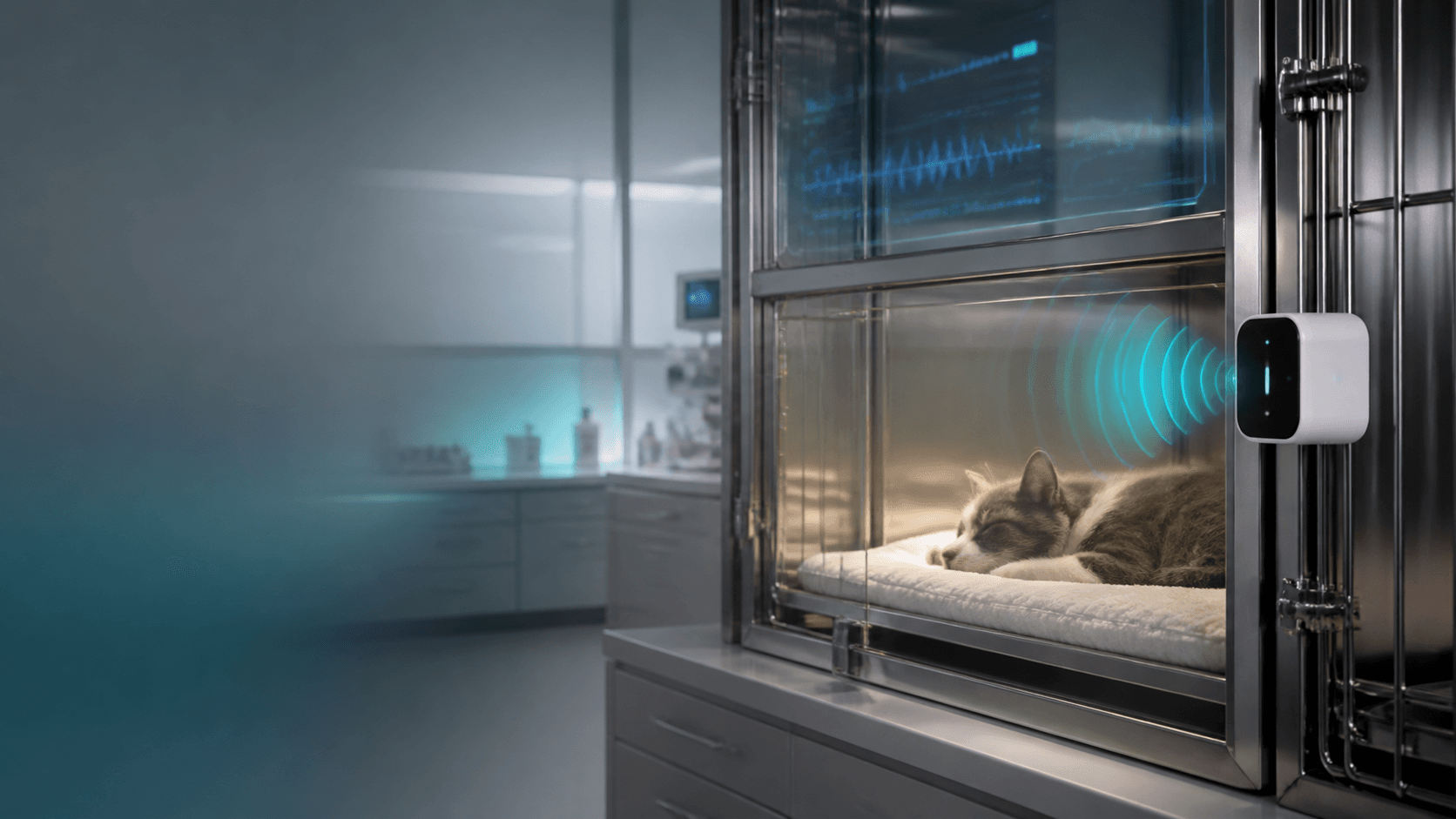 Радарный узел BioVision бесконтактно наблюдает за кошкой в клетке ветеринарного стационара